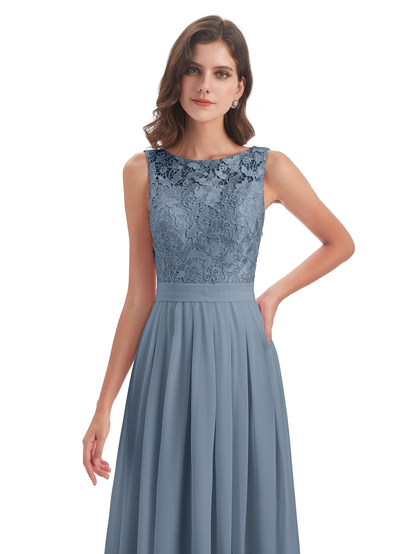 Riya Illusion Open Back Lace Long Bridesmaid Dresses