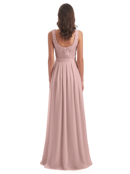 Riya Illusion Open Back Lace Long Bridesmaid Dresses