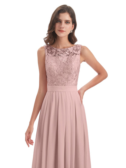 Riya Illusion Open Back Lace Long Bridesmaid Dresses