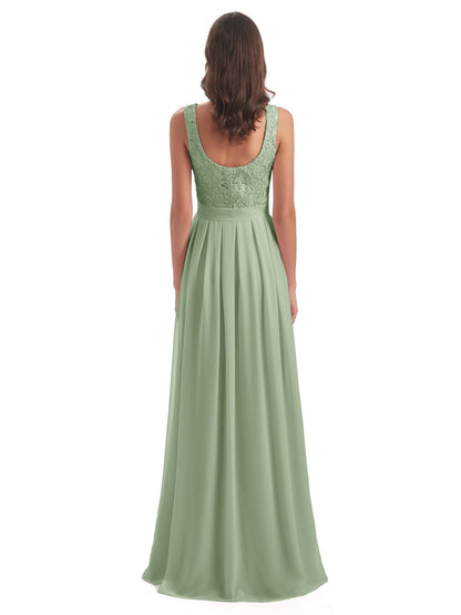 Riya Illusion Open Back Lace Long Bridesmaid Dresses