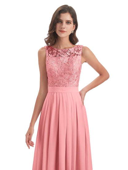 Riya Illusion Open Back Lace Long Bridesmaid Dresses
