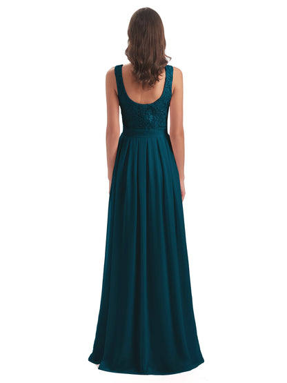 Riya Illusion Open Back Lace Long Bridesmaid Dresses