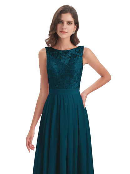 Riya Illusion Open Back Lace Long Bridesmaid Dresses