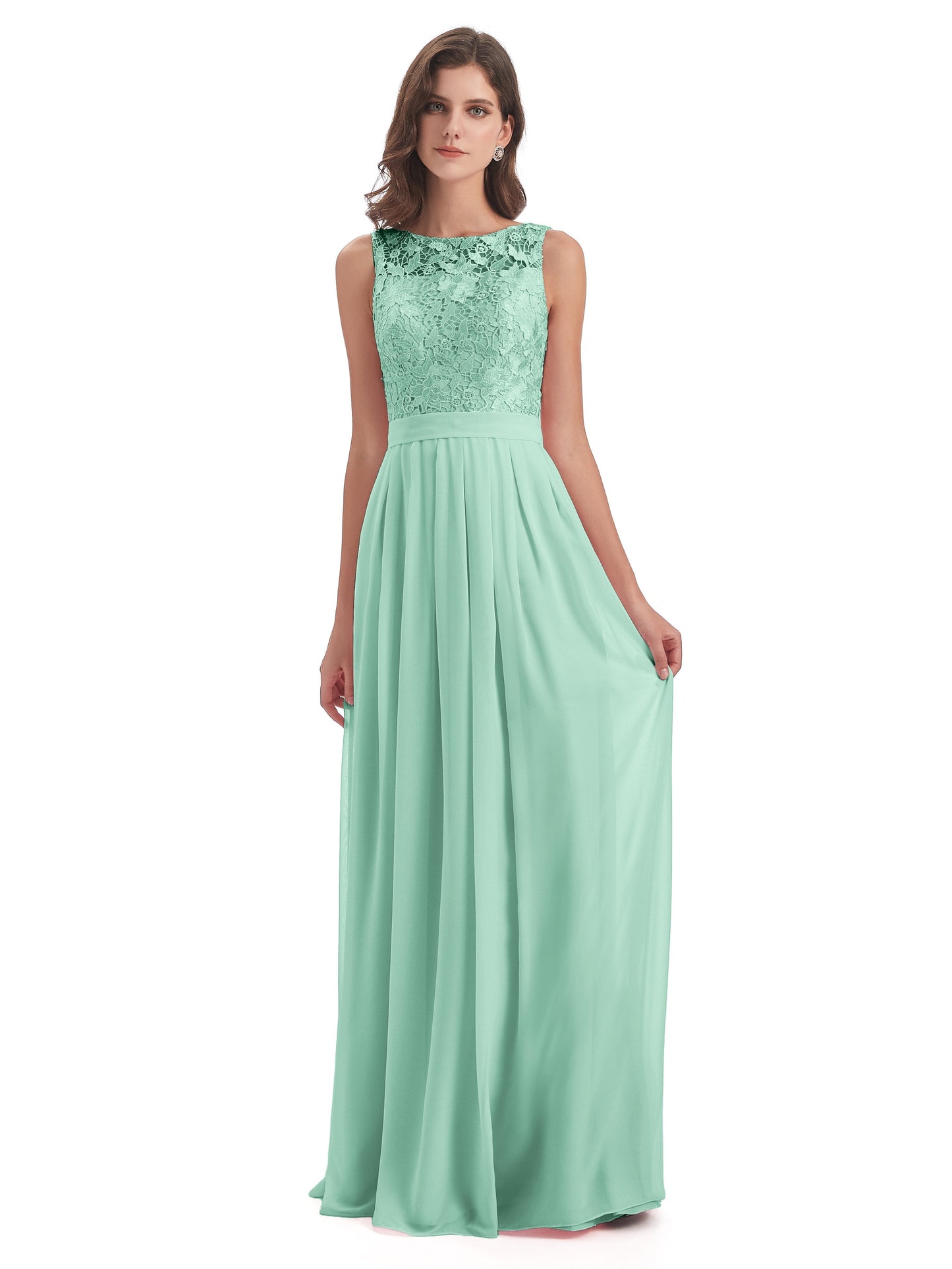 Riya Illusion Open Back Lace Long Bridesmaid Dresses