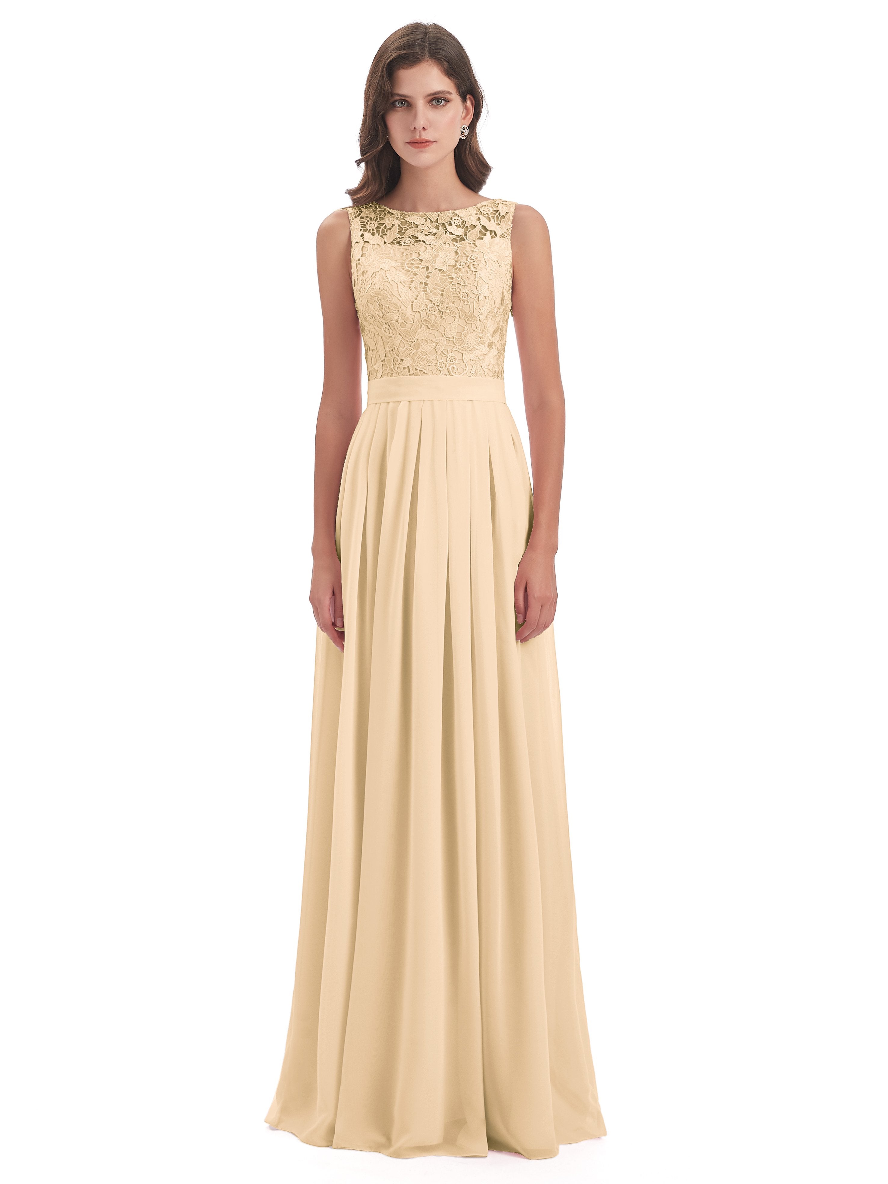 Riya Illusion Open Back Lace Long Bridesmaid Dresses