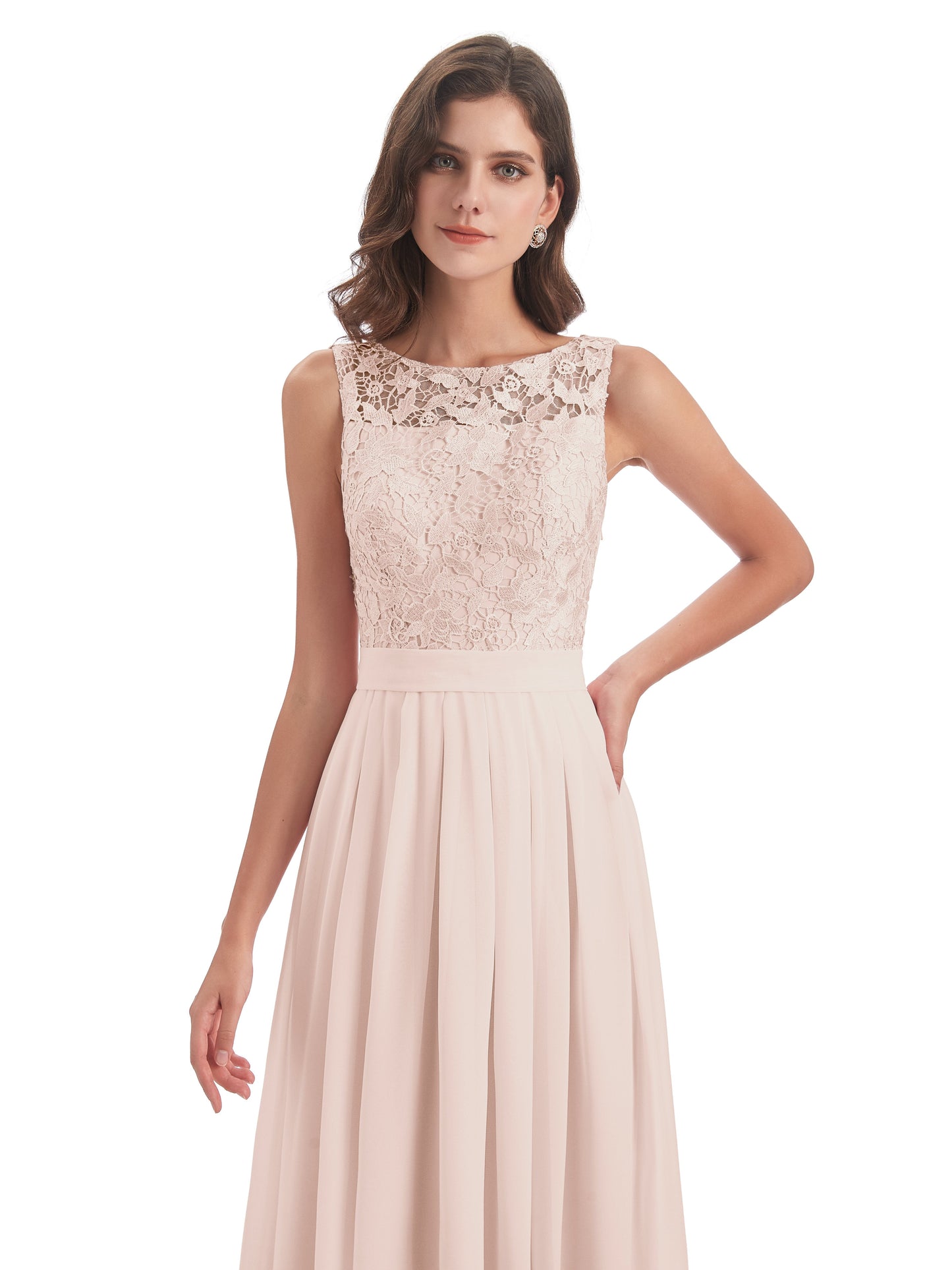 Riya Illusion Open Back Lace Long Bridesmaid Dresses