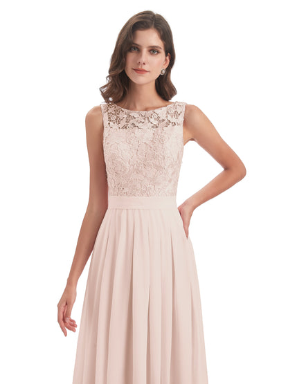 Riya Illusion Open Back Lace Long Bridesmaid Dresses