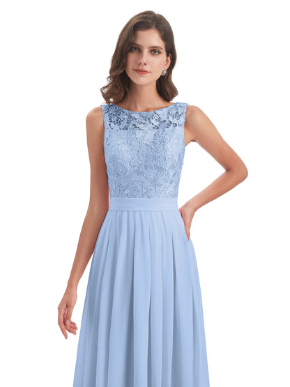 Riya Illusion Open Back Lace Long Bridesmaid Dresses