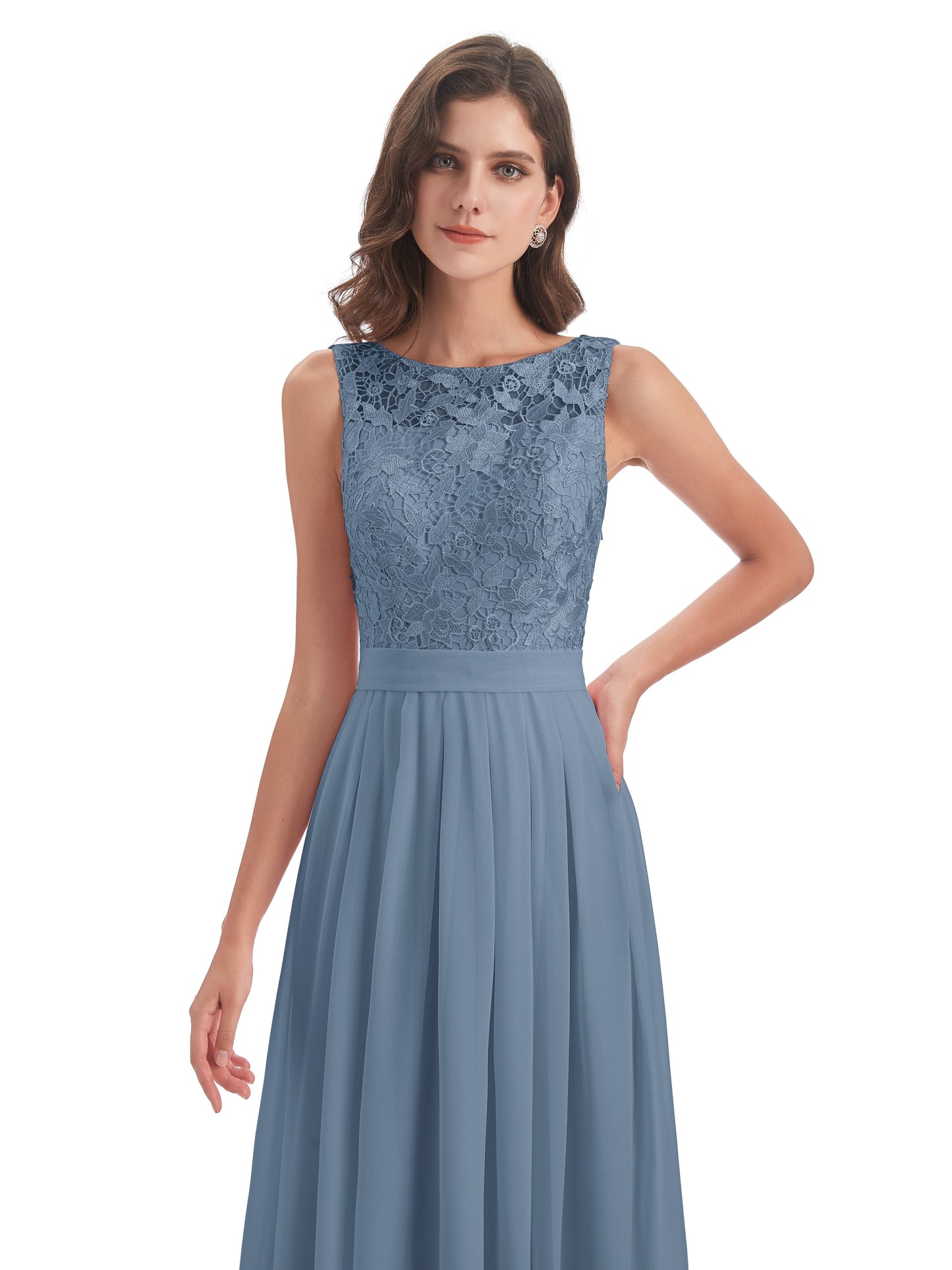Riya Illusion Open Back Lace Long Bridesmaid Dresses