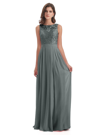 Riya Illusion Open Back Lace Long Bridesmaid Dresses
