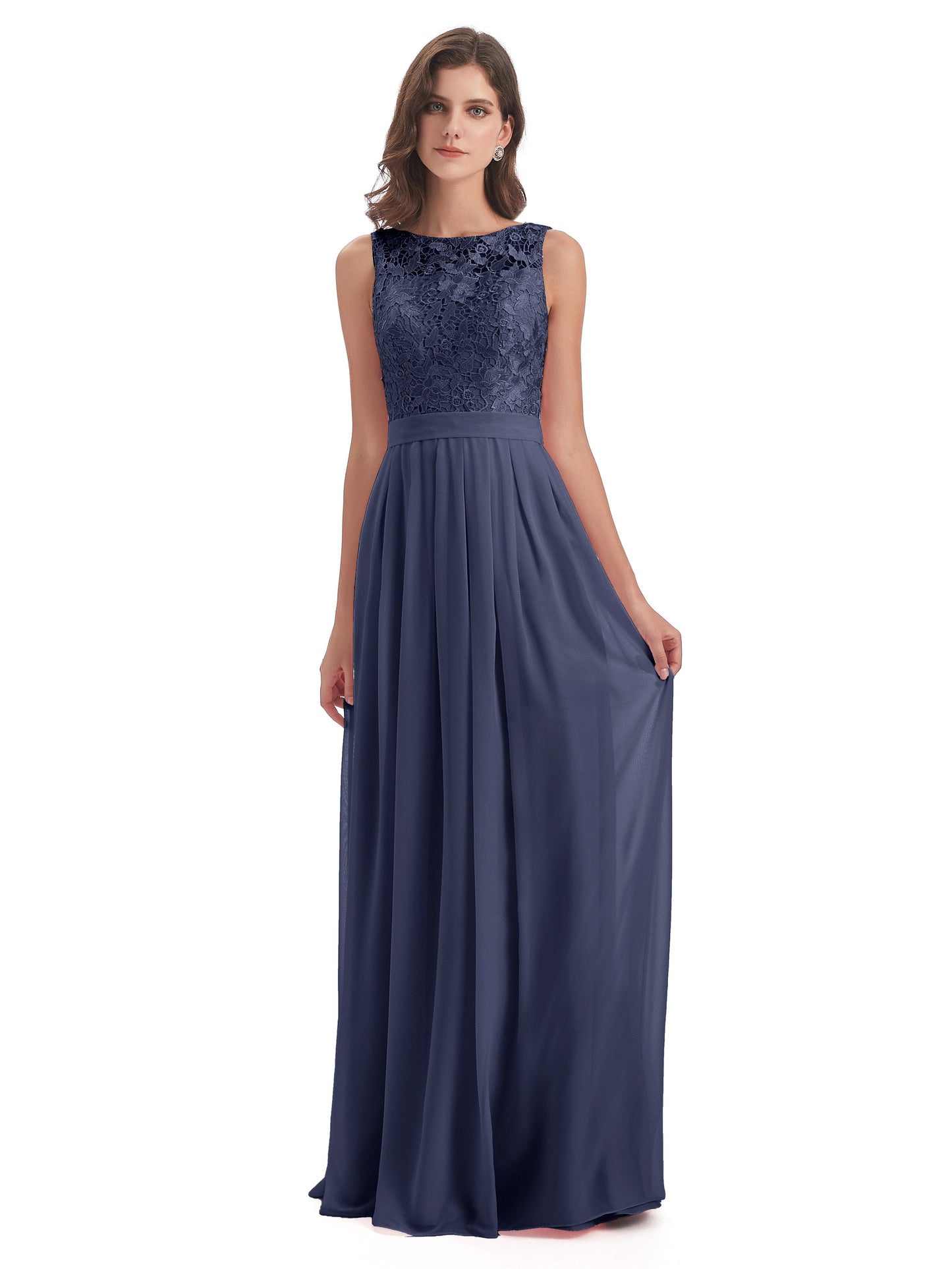 Riya Illusion Open Back Lace Long Bridesmaid Dresses