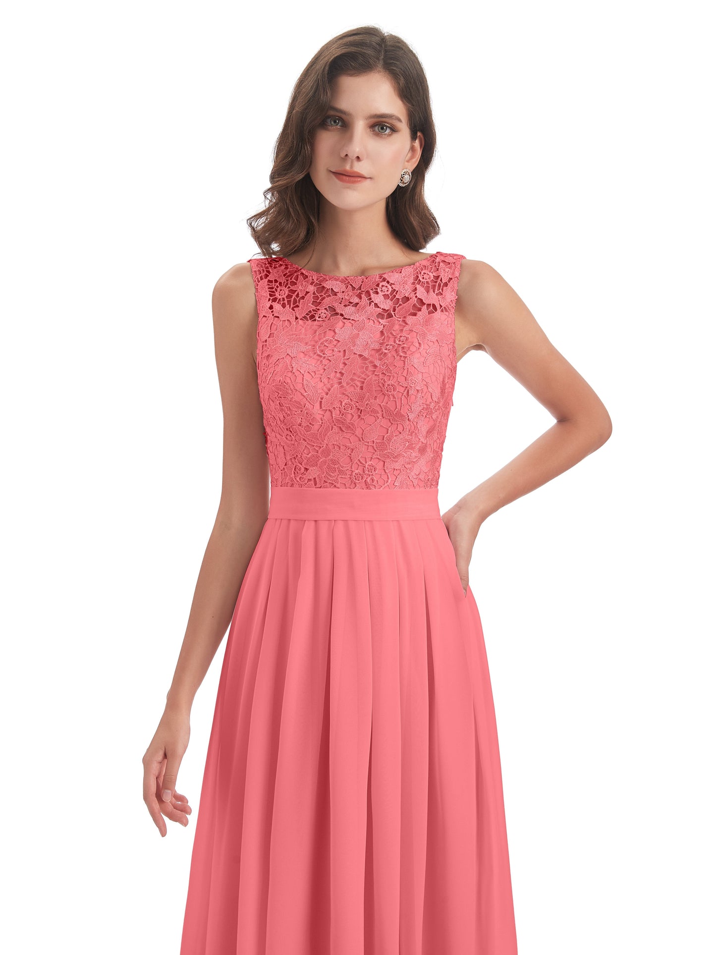 Riya Illusion Open Back Lace Long Bridesmaid Dresses