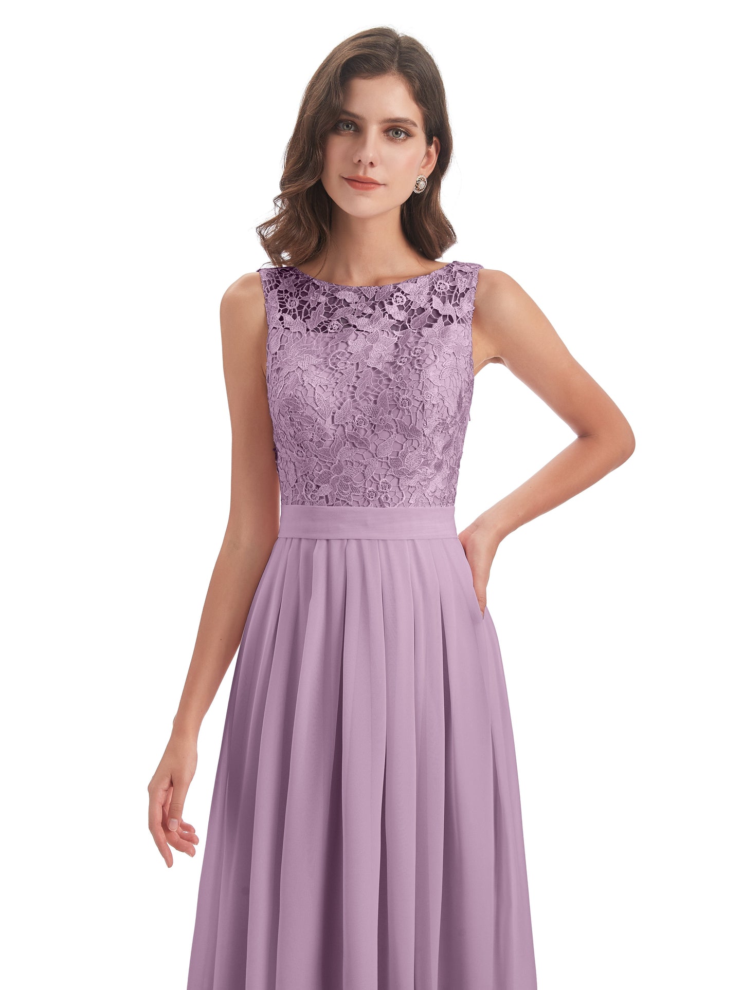 Riya Illusion Open Back Lace Long Bridesmaid Dresses
