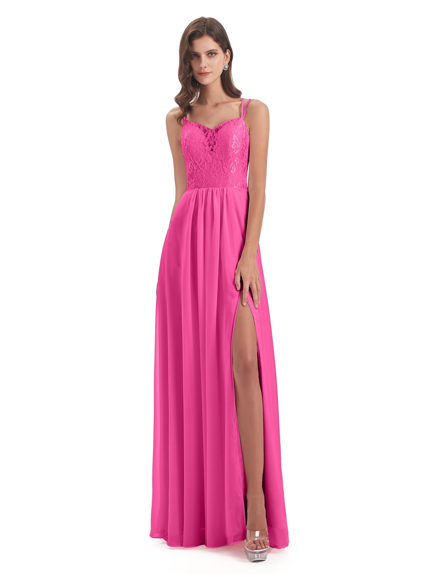 Saanvi Spaghetti Straps Open Back Lace Long Bridesmaid Dresses