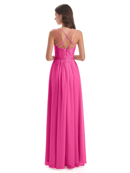 Saanvi Spaghetti Straps Open Back Lace Long Bridesmaid Dresses