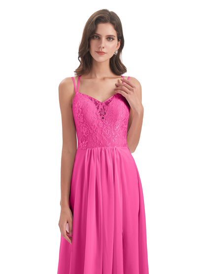 Saanvi Spaghetti Straps Open Back Lace Long Bridesmaid Dresses