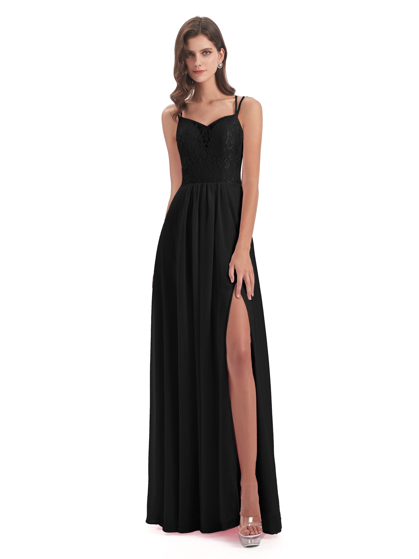 Saanvi Spaghetti Straps Open Back Lace Long Bridesmaid Dresses