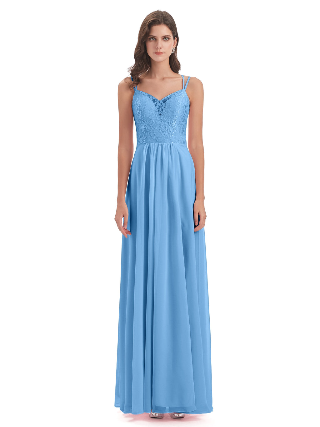 Saanvi Spaghetti Straps Open Back Lace Long Bridesmaid Dresses