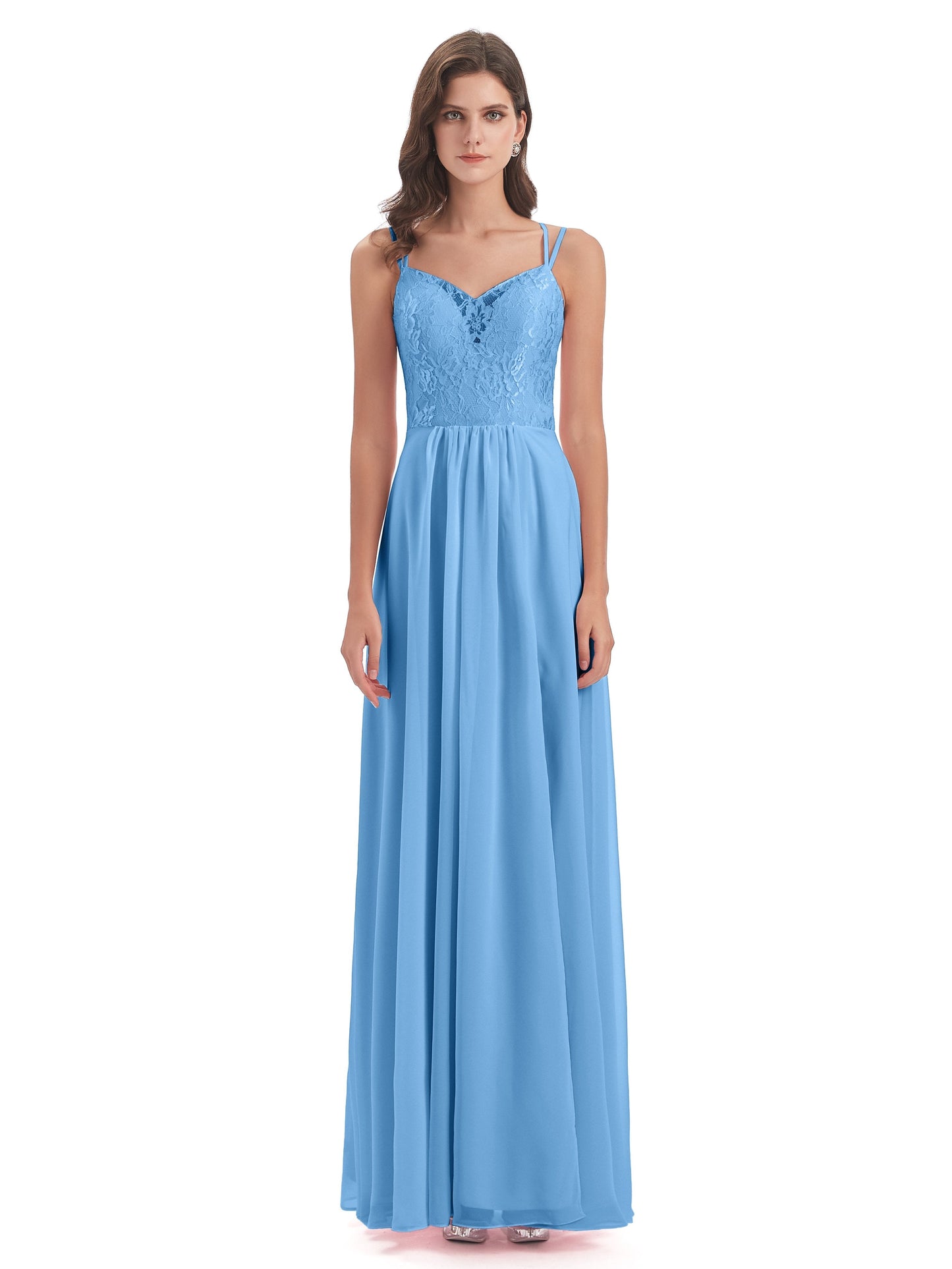 Saanvi Spaghetti Straps Open Back Lace Long Bridesmaid Dresses