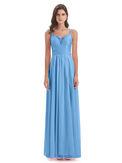 Saanvi Spaghetti Straps Open Back Lace Long Bridesmaid Dresses