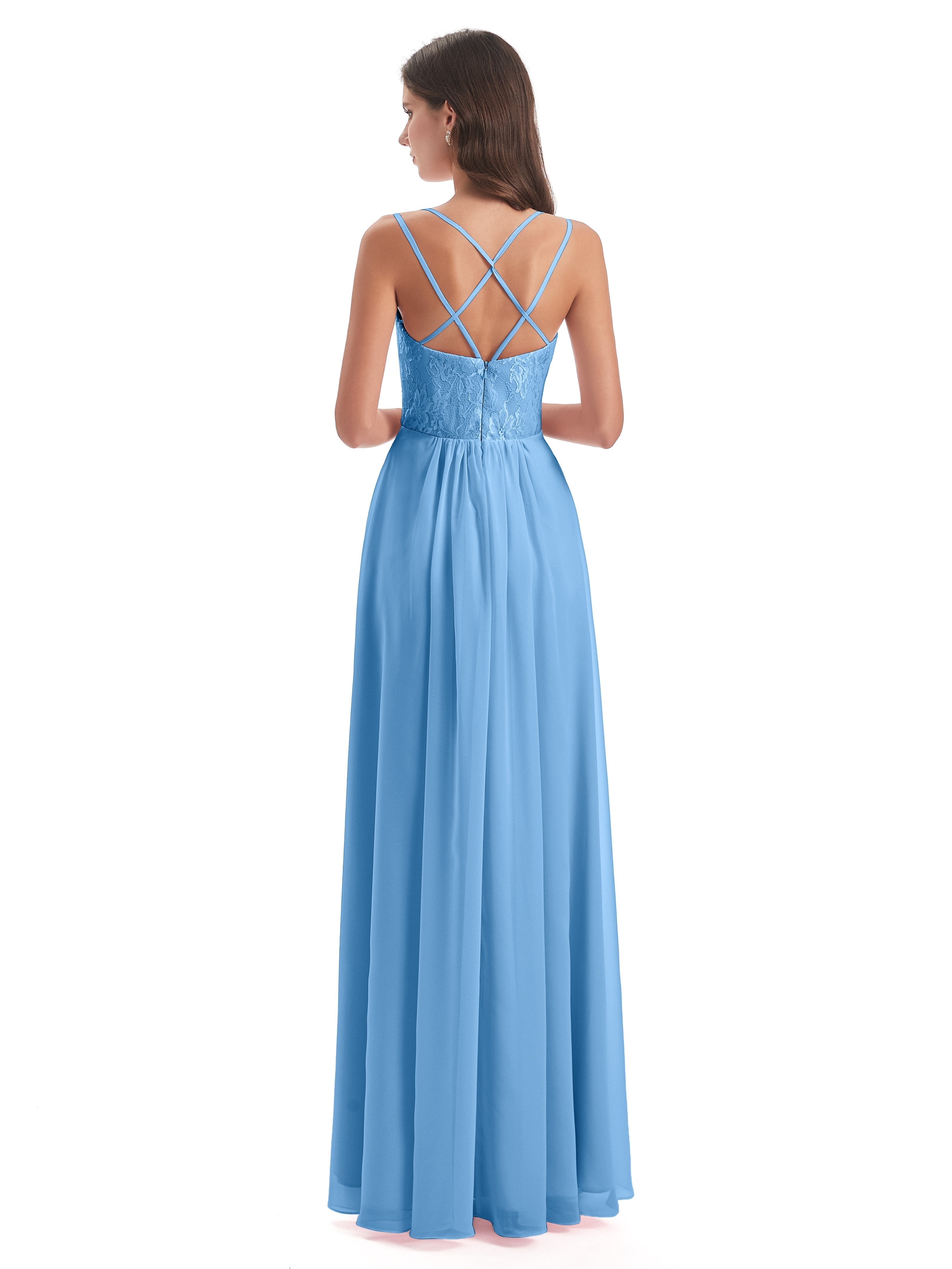Saanvi Spaghetti Straps Open Back Lace Long Bridesmaid Dresses