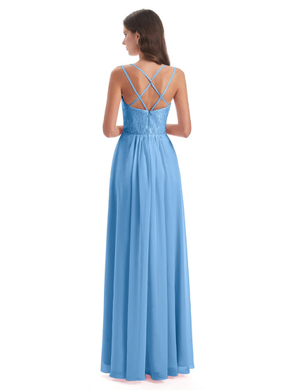 Saanvi Spaghetti Straps Open Back Lace Long Bridesmaid Dresses
