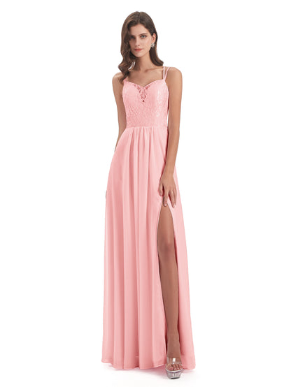 Saanvi Spaghetti Straps Open Back Lace Long Bridesmaid Dresses