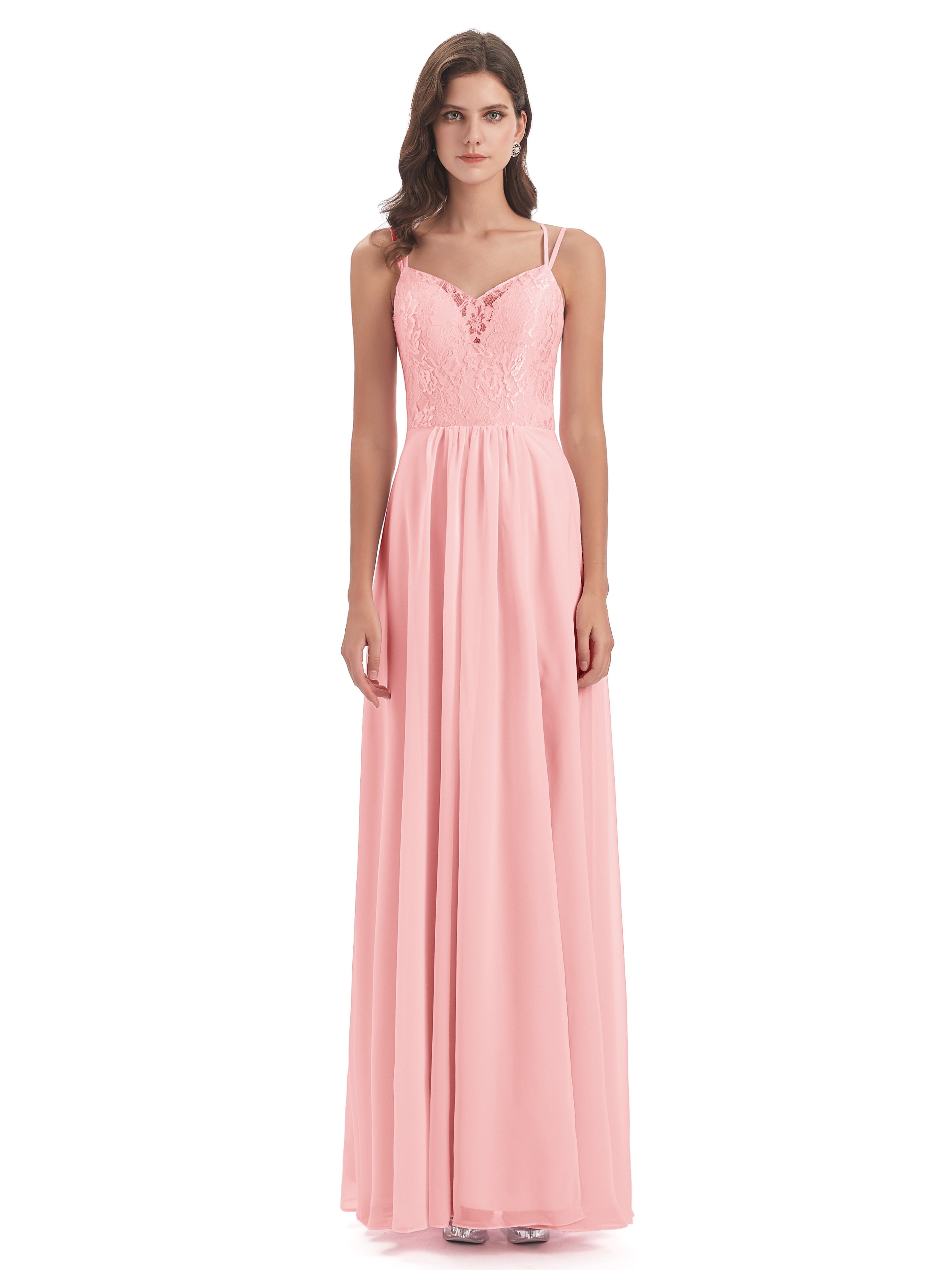 Saanvi Spaghetti Straps Open Back Lace Long Bridesmaid Dresses