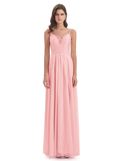 Saanvi Spaghetti Straps Open Back Lace Long Bridesmaid Dresses