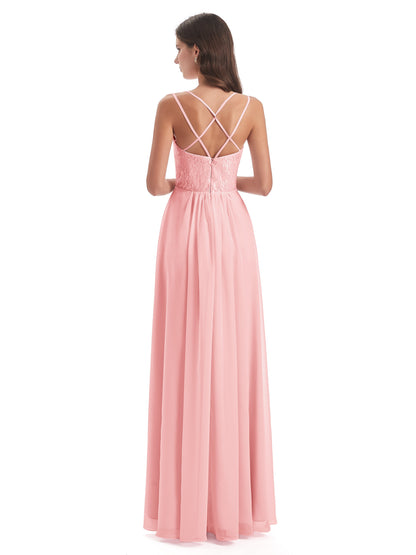 Saanvi Spaghetti Straps Open Back Lace Long Bridesmaid Dresses