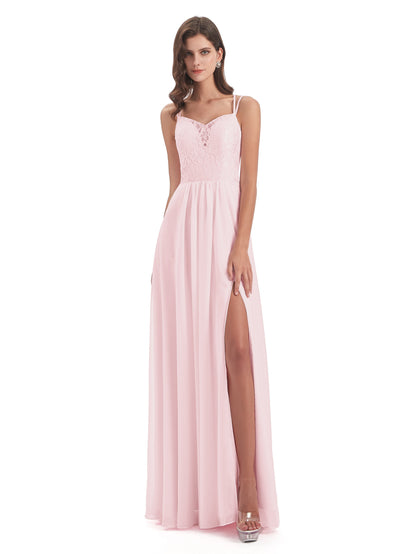 Saanvi Spaghetti Straps Open Back Lace Long Bridesmaid Dresses