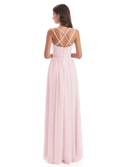 Saanvi Spaghetti Straps Open Back Lace Long Bridesmaid Dresses