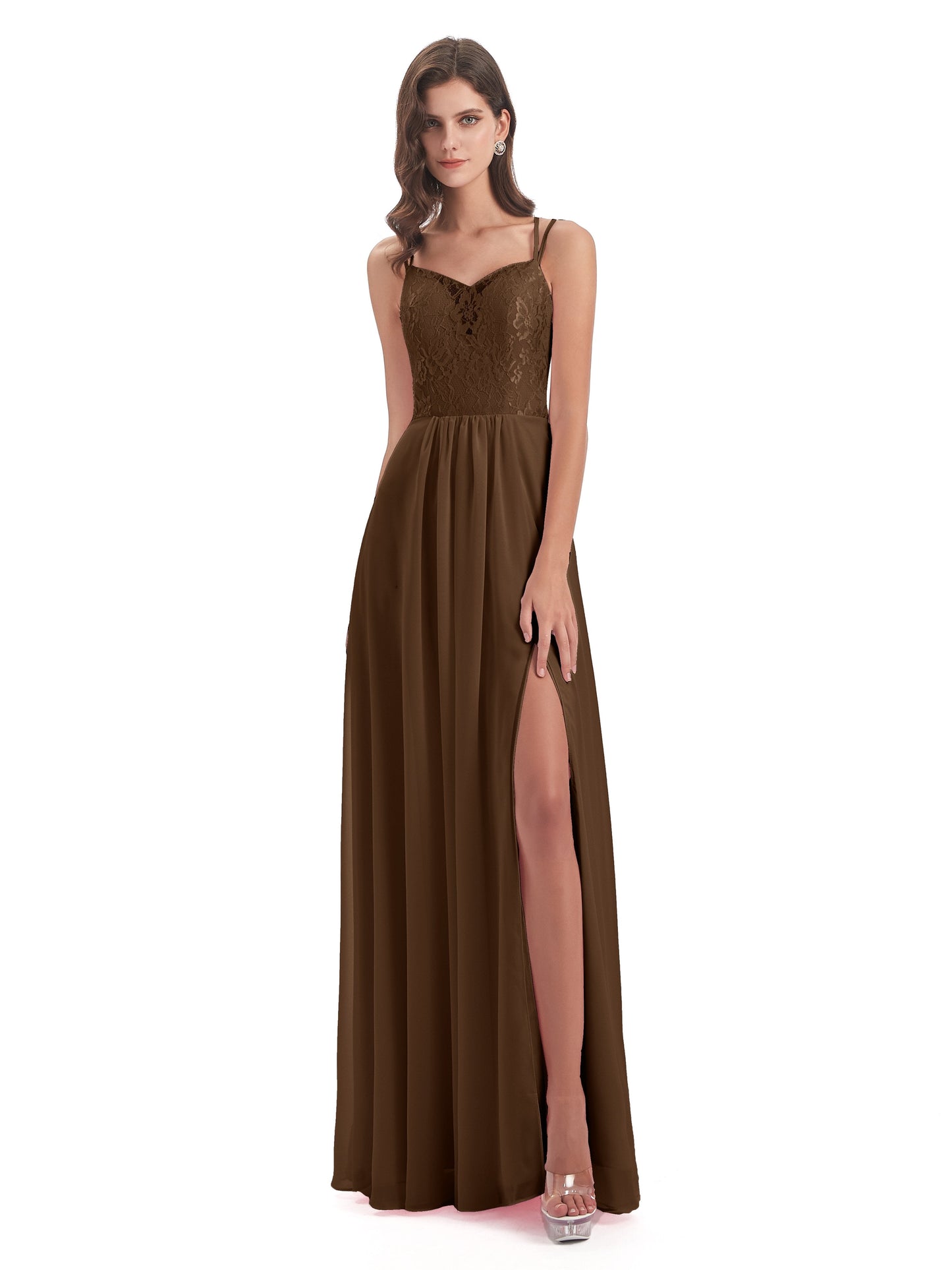 Saanvi Spaghetti Straps Open Back Lace Long Bridesmaid Dresses