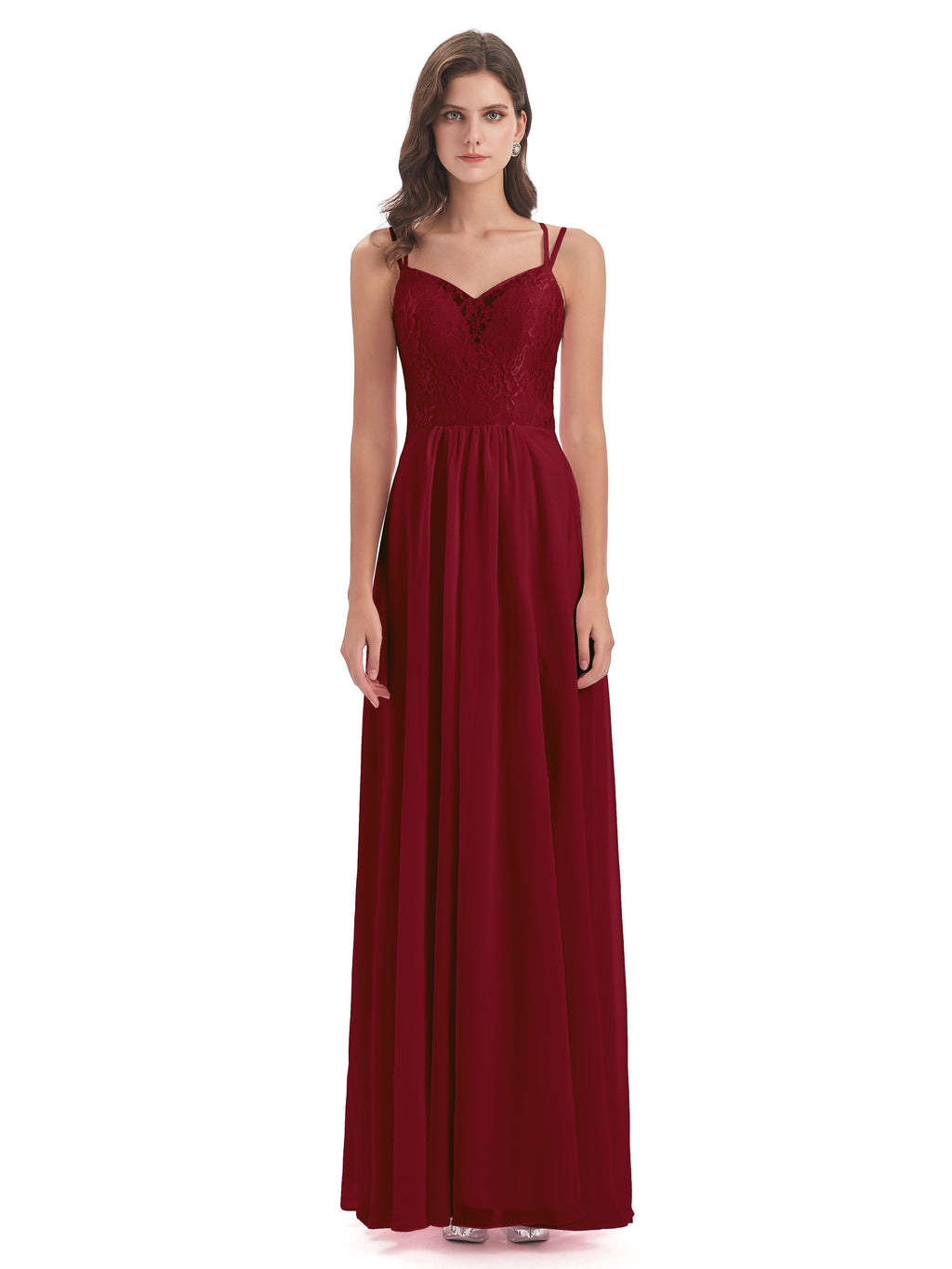 Saanvi Spaghetti Straps Open Back Lace Long Bridesmaid Dresses