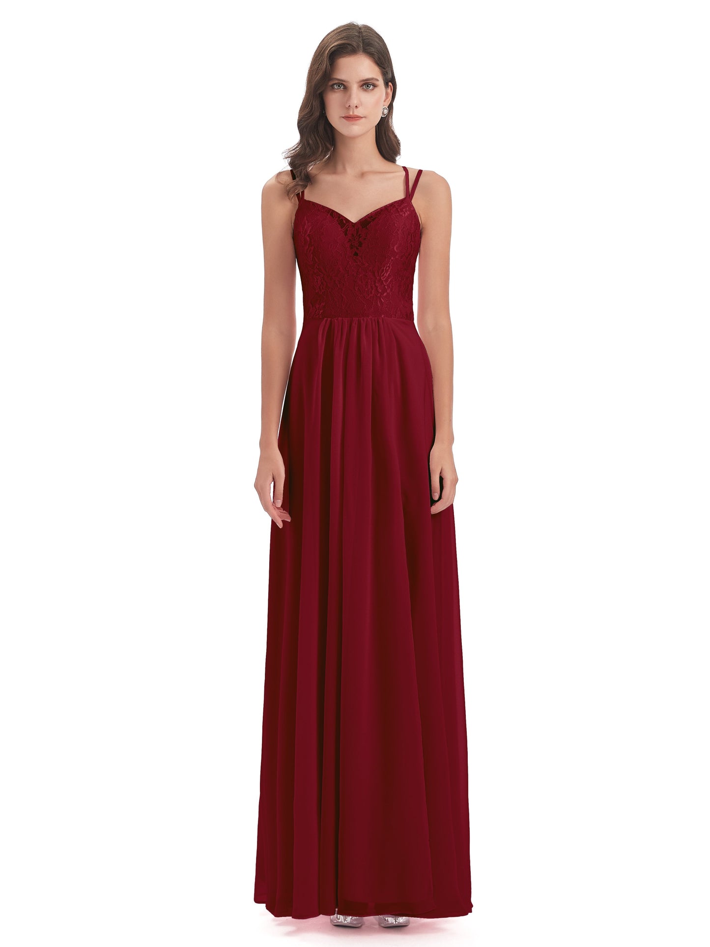 Saanvi Spaghetti Straps Open Back Lace Long Bridesmaid Dresses