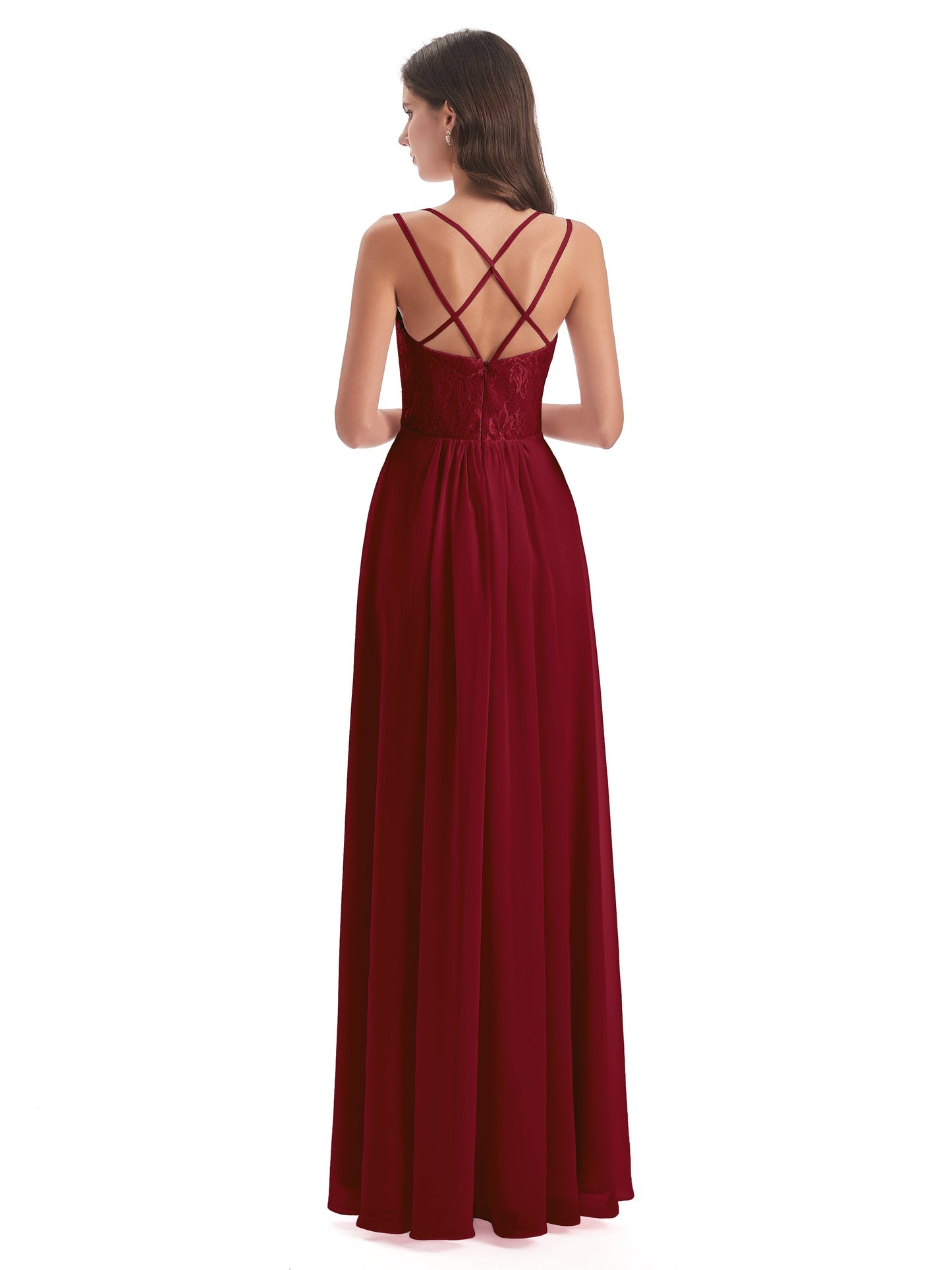 Saanvi Spaghetti Straps Open Back Lace Long Bridesmaid Dresses