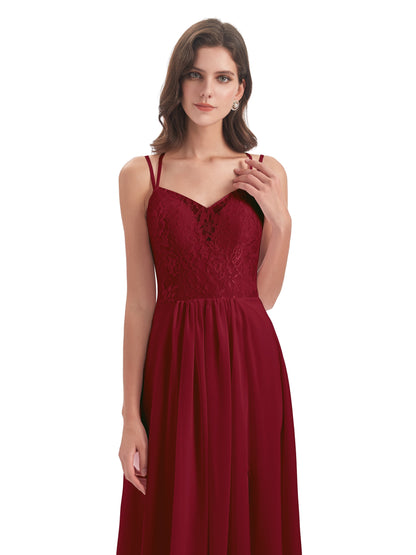 Saanvi Spaghetti Straps Open Back Lace Long Bridesmaid Dresses