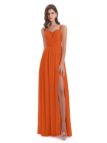 Saanvi Spaghetti Straps Open Back Lace Long Bridesmaid Dresses