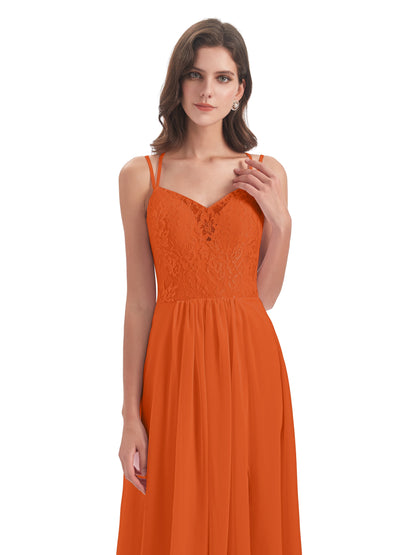Saanvi Spaghetti Straps Open Back Lace Long Bridesmaid Dresses