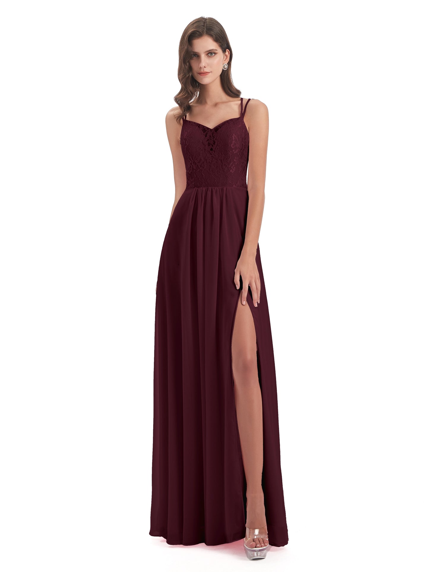 Saanvi Spaghetti Straps Open Back Lace Long Bridesmaid Dresses
