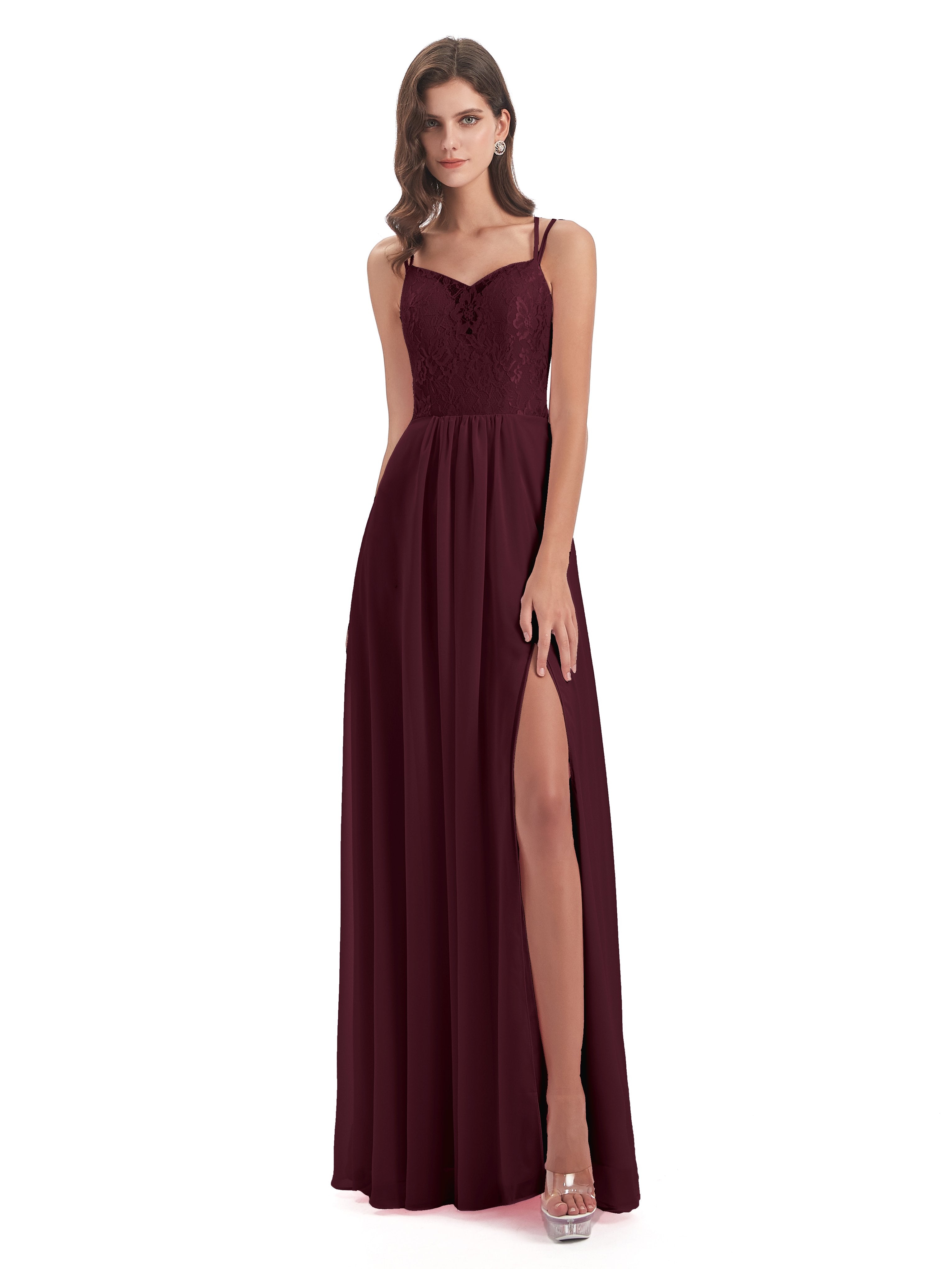 Saanvi Spaghetti Straps Open Back Lace Long Bridesmaid Dresses