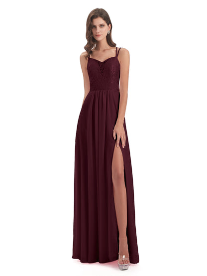 Saanvi Spaghetti Straps Open Back Lace Long Bridesmaid Dresses