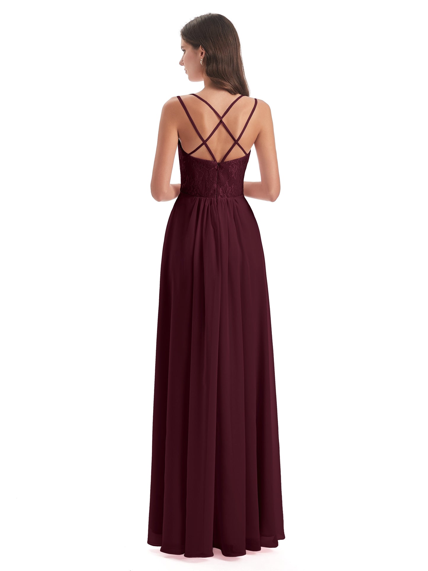Saanvi Spaghetti Straps Open Back Lace Long Bridesmaid Dresses