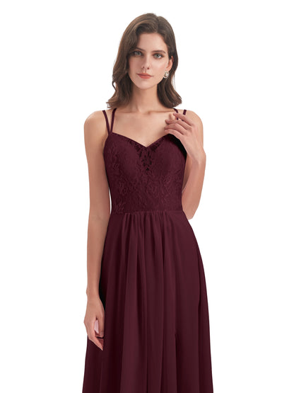Saanvi Spaghetti Straps Open Back Lace Long Bridesmaid Dresses