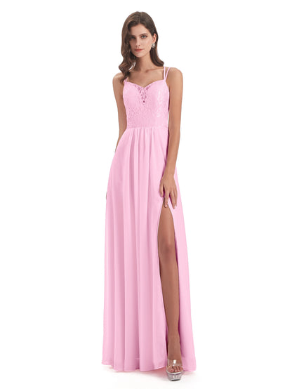 Saanvi Spaghetti Straps Open Back Lace Long Bridesmaid Dresses