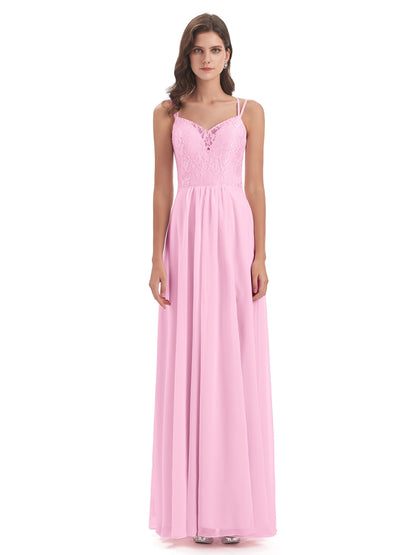 Saanvi Spaghetti Straps Open Back Lace Long Bridesmaid Dresses