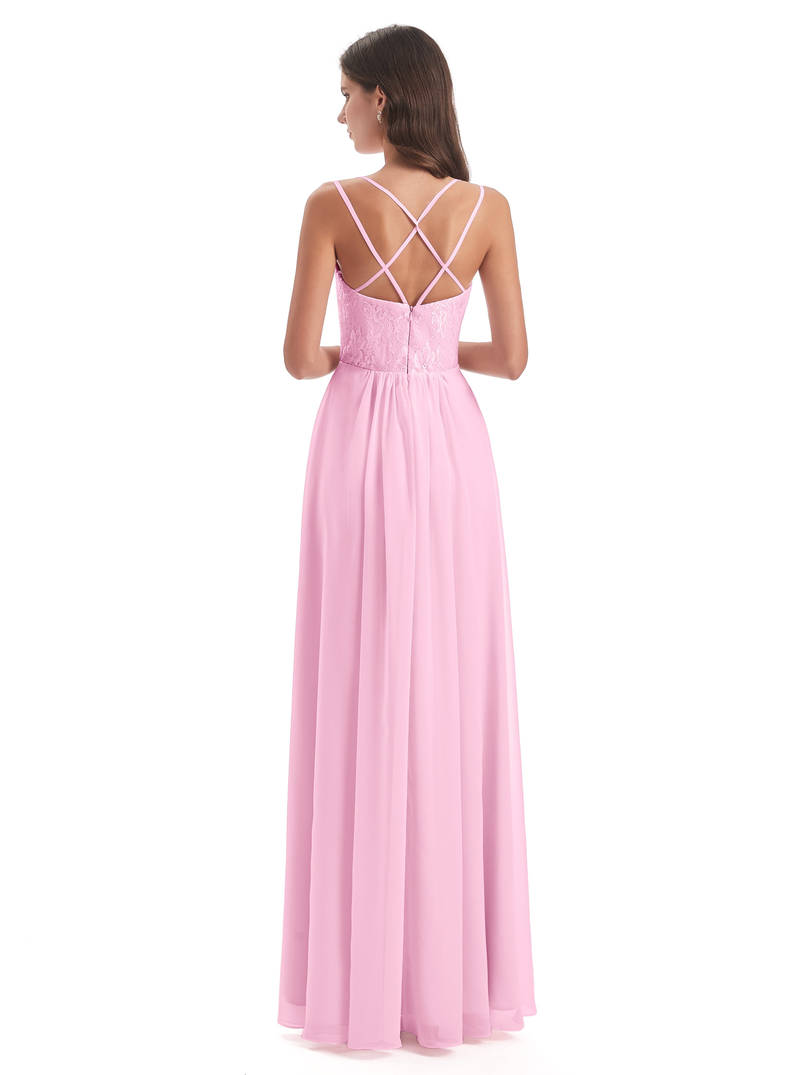 Saanvi Spaghetti Straps Open Back Lace Long Bridesmaid Dresses