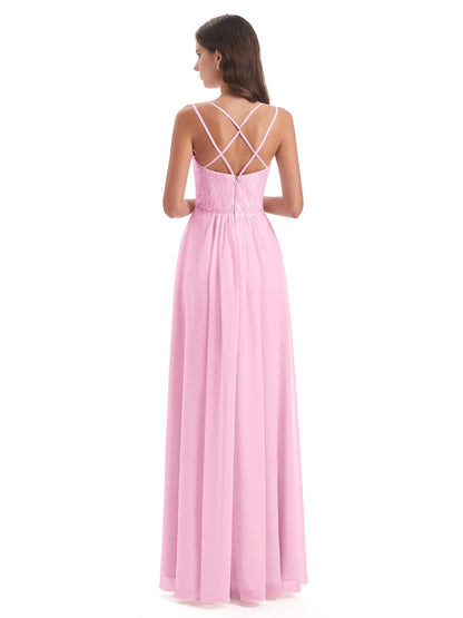 Saanvi Spaghetti Straps Open Back Lace Long Bridesmaid Dresses