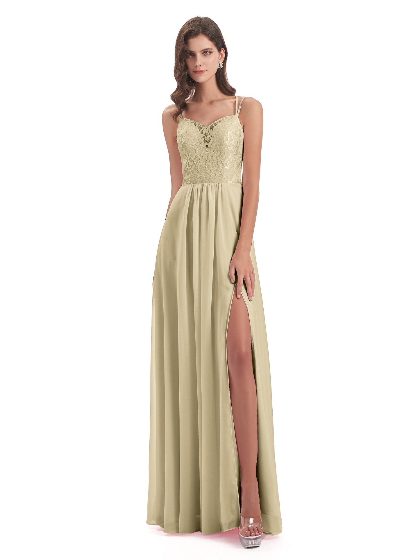 Saanvi Spaghetti Straps Open Back Lace Long Bridesmaid Dresses