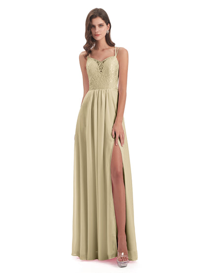 Saanvi Spaghetti Straps Open Back Lace Long Bridesmaid Dresses